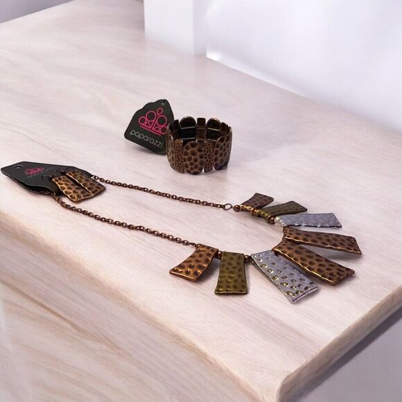 Paparazzi Necklace Earrings Bracelet Set “A Fan Of The Tribe” Hammered Copper - Picture 4 of 5